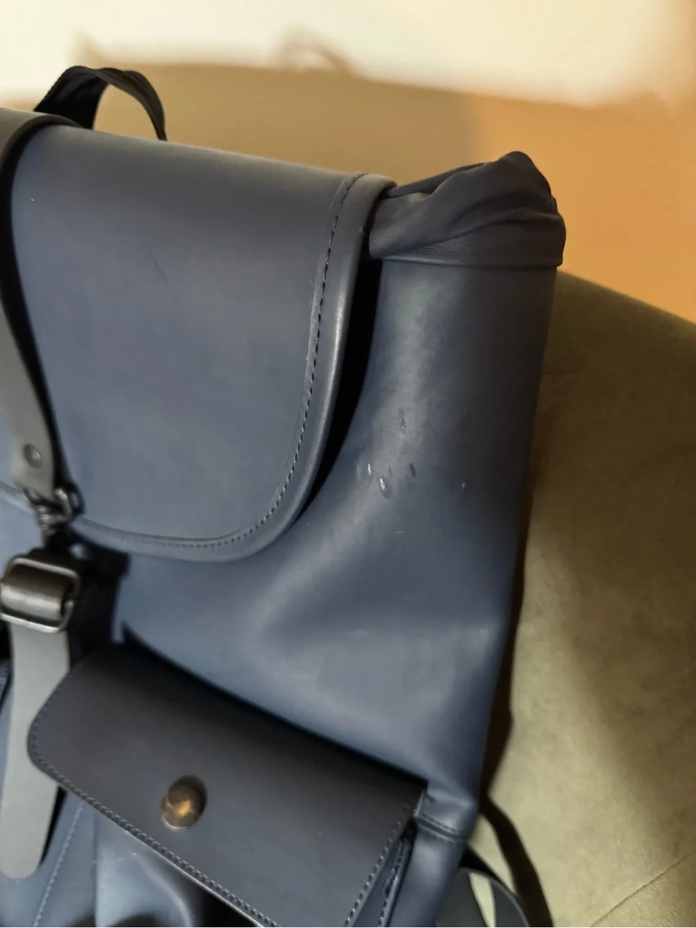 Rains Navy Blue Roll-Top Backpack with Front Pockets